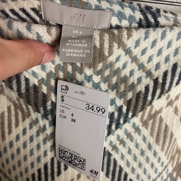 H&M Size 6 Wool Blend Skirt Plaid Cream Blue High Waisted Mini Academia Preppy - Picture 7 of 9